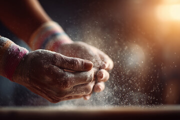 Close-up of chalk-dusted hands releasing powder into warm light — athlete preparing grip for weightlifting, gymnastics or rock climbing ritual