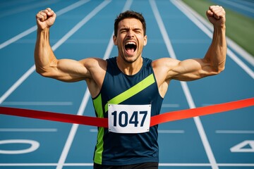 Triumphant male athlete crossing finish line on blue track with arms raised in victory and emotional expression of success and power. Ai generative. Ai generative