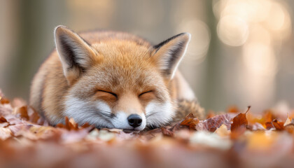 Obraz premium Peaceful fox rests among colorful autumn leaves, embodying essence of fall season in nature. warm hues of foliage create serene backdrop for this adorable animal