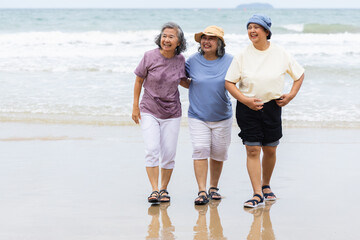 Fototapeta premium Three elderly women enjoy summer outdoor activities on beach with people walking together happily near ocean shore creating joyful moments and friendship