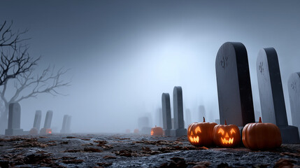Foggy graveyard scene with tombstones and pumpkins glowing, sky area left blank for text.