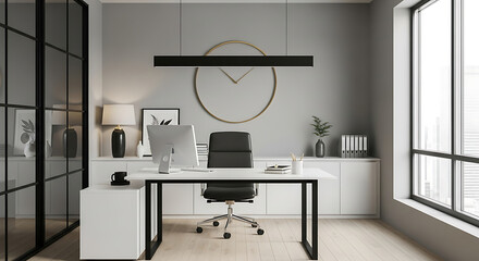 A modern office space featuring a desk, chair, computer, and decorative wall clock in neutral tones ai generated