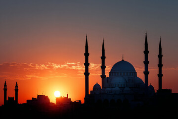 Naklejka premium Silhouette of a mosque during sunset for Ramadan celebration
