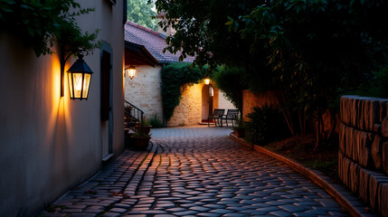 Charming Cobblestone Pathway with Lantern Illuminated by Nature's Touch in a Serene Setting of Vintage Architecture