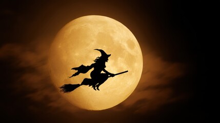 Witch Flying on Broomstick Against a Large Full Moon Background