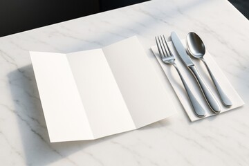Blank trifold menu mockup displayed next to silver cutlery on white marble table, ideal for restaurant branding or design presentation concepts. Ai generative