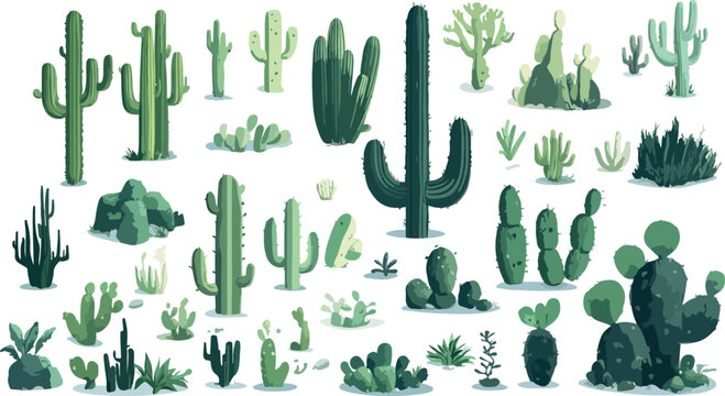 Collection of diverse desert cacti and succulents in various shapes and sizes on a white background