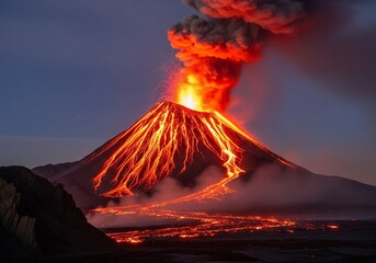 Volcano glowing red lava, glow effect, digital painting 