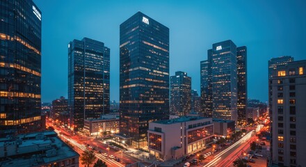 A cityscape panorama at twilight, showcasing towering skyscrapers illuminated by the glow of city lights, with a network of busy urban roads filled with streaking lights from moving vehicles.