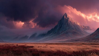 Dramatic mountain range at sunset with vibrant clouds