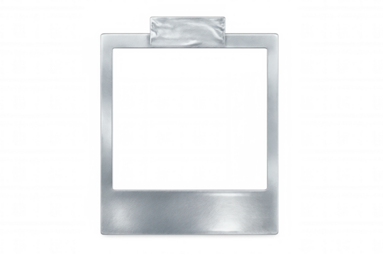 Vintage customizable template: instant photo frame with brushed metal and sticky tape on transparent background