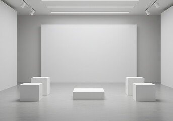 静謐な空間、白い展示台と空虚なキャンバス