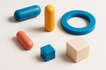 Obraz premium Abstract colorful geometric objects in minimal composition on a light background, showcasing shapes and creative design in graphic style. Ai generative
