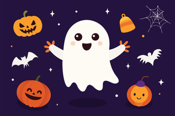 Vector art of cute cartoon ghost with pumpkins, bats, and spider web for halloween celebration