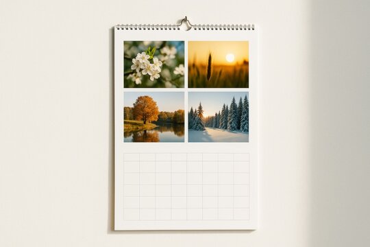 Wall calendar with four seasonal nature photographs representing spring, summer, autumn, and winter on a clean white background hanging on wall. Ai generative