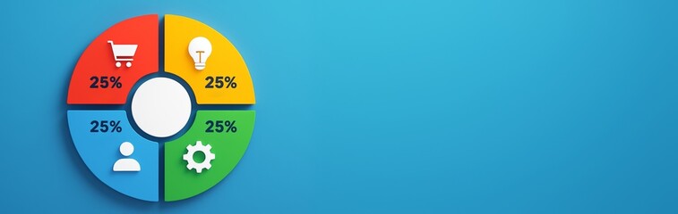 Colorful 3D pie chart infographic split into four equal sections with icons, on clean blue background with copyspace for creative business design. Ai generative