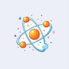 Colorful cartoon illustration of a planetary atom model with a nucleus and orbiting electrons, symbolizing science and discovery