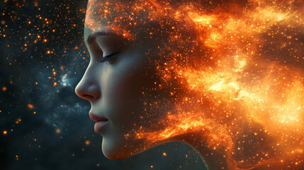 A serene woman's profile with eyes closed, enveloped in vibrant orange flames and sparkling embers around her