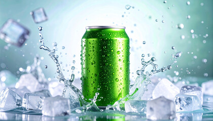 Fototapeta na wymiar Green aluminum can, dynamic water splashes and ice cubes. Refreshing beer or soda drink.