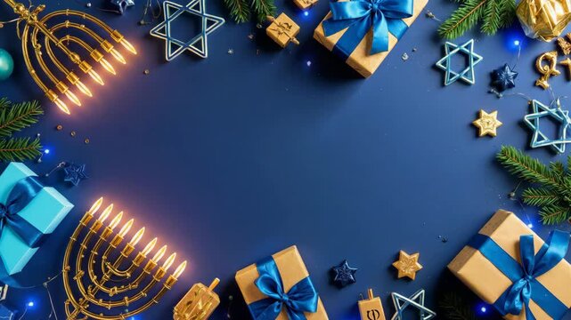 Golden menorah, gifts, stars david and dreidels creating festive hanukkah border on blue background.