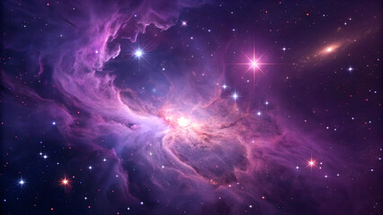 Obraz premium Vivid Purple Cosmic Nebula Light Burst with Glowing Stars and Galaxy Background Deep Space Imagery