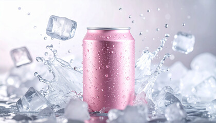 Pink aluminum can, dynamic water splashes and ice cubes. Refreshing beer or soda drink.