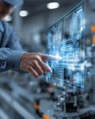 Technician pointing at glowing holographic smart sensor, symbolizing IoT and industrial automation.