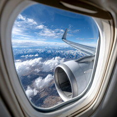 Naklejka premium View from airplane window showing wing and engine over mountains.