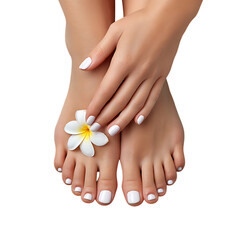 Fototapeta premium Close up of a woman s perfectly manicured feet and hands with white nail polish and a delicate white flower resting on her toes isolated on transparent background