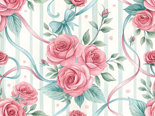 Seamless Watercolor Pattern Pink Roses Teal Blue Ribbons Pale Green Leaves White Striped Background Romantic Floral Design Textile Print Wallpaper