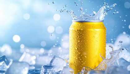 Yellow aluminum can, dynamic water splashes and ice cubes. Refreshing beer or soda drink.