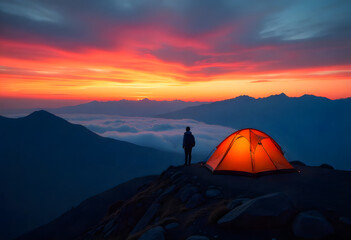 a lone traveler stands beside a glowing tent, watching the horizon. The sky is painted in deep orange, purple, and blue, while mist rolls over the mountain ridges below