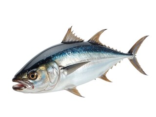 A fresh tuna fish isolated on a white background. Detailed view showing scales and fins