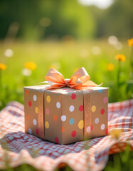 Elegant gift box with golden ribbon in snowy winter forest at sunset for holiday marketing