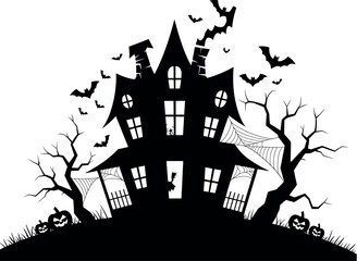 Spooky haunted mansion silhouette with bats and pumpkins on halloween night vector
