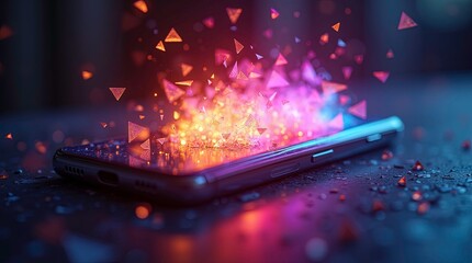 futuristic smartphone on dark background with glowing vibrant holographic particles bursting out of the screen