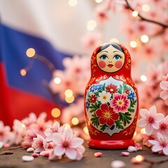 Brightly decorated Russian nesting doll on the background of the Russian flag and flowers.