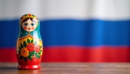 On a wooden table, there is a brightly decorated Russian matryoshka doll on a flag background