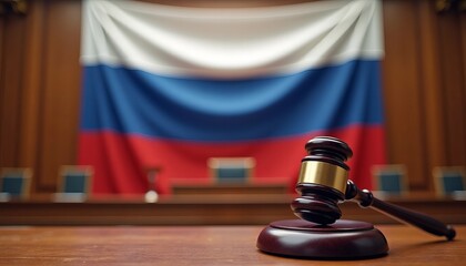 The judge's hammer on the background of the Russian flag during the trial in the courtroom 