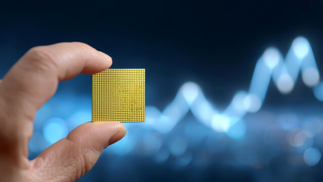 Hand holding gold computer chip with blurred stock market graph in background showing AI technology impact