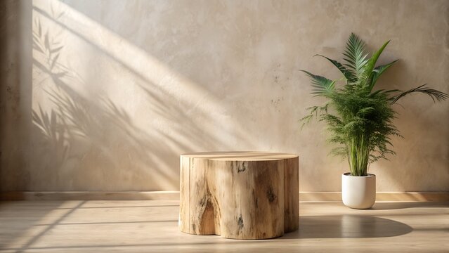 Minimalist Interior with Wooden Stool and Plant Bathed in Sunlight