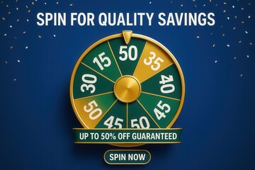 SPIN FOR QUALITY SAVINGS promotional banner with UP TO 50% OFF GUARANTEED offer, modern glossy style, enticing retail discount opportunity.