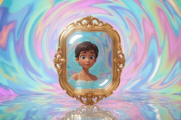 Animated girl in ornate gold frame, vibrant backdrop