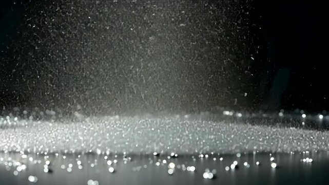 Water droplets falling in dark environment creating glistening sparkling effect with splashes on reflective surface