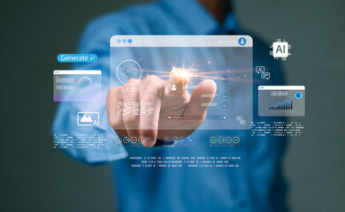 Fototapeta premium AI technology in everyday life and business operations. AI assistant, data dashboard, smart chat, and content generation tools for users