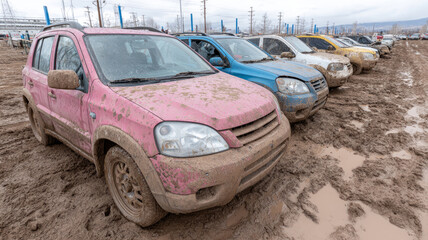 Muddy cars parked outdoors in a wet and messy parking lot.