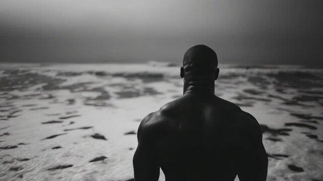 A Strong Muscular Man Stands Contemplating the Ocean Waves in Monochrome Serenity