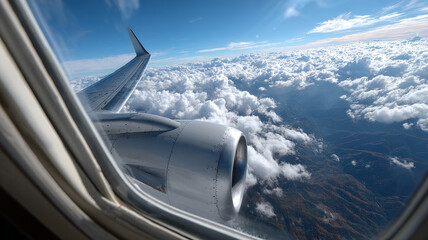 Fototapeta premium View from an airplane window showing clouds and wing.