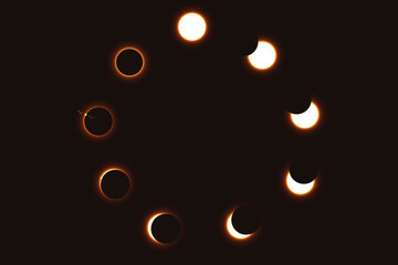 Different phases of solar eclipse. Iridescent round aura eclipse. Orange planet glow background. Sun or moon total eclipse in dark space. Star aurora flare with sparkles and sparkles effects.