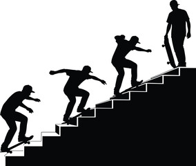 A series of vector illustrations showing a skateboarder performing a trick down a flight of stairs, for extreme sports and urban design.
